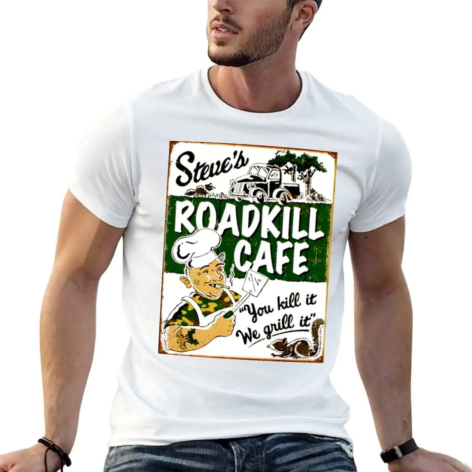 

STEVES ROADKILL CAFE; Vintage Advertising Restaurant Print T-shirt vintage clothes plus sizes sublime tshirts for men