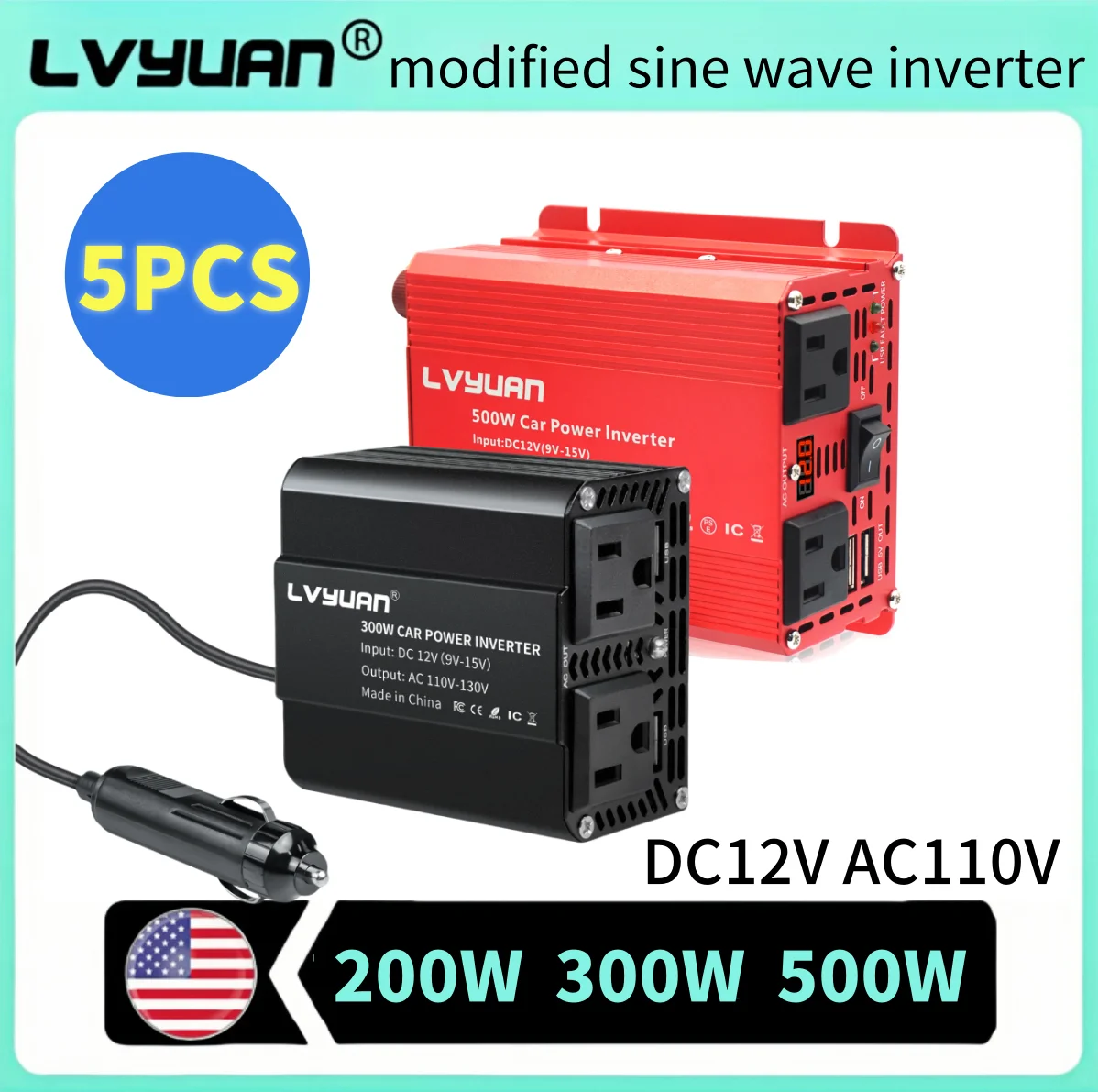5pcs Car Inversor 12V DC to 220V/110V AC 300W/500W Peak Power Inversor for Camera/phone/laptop Charging Power Adapter wholesale