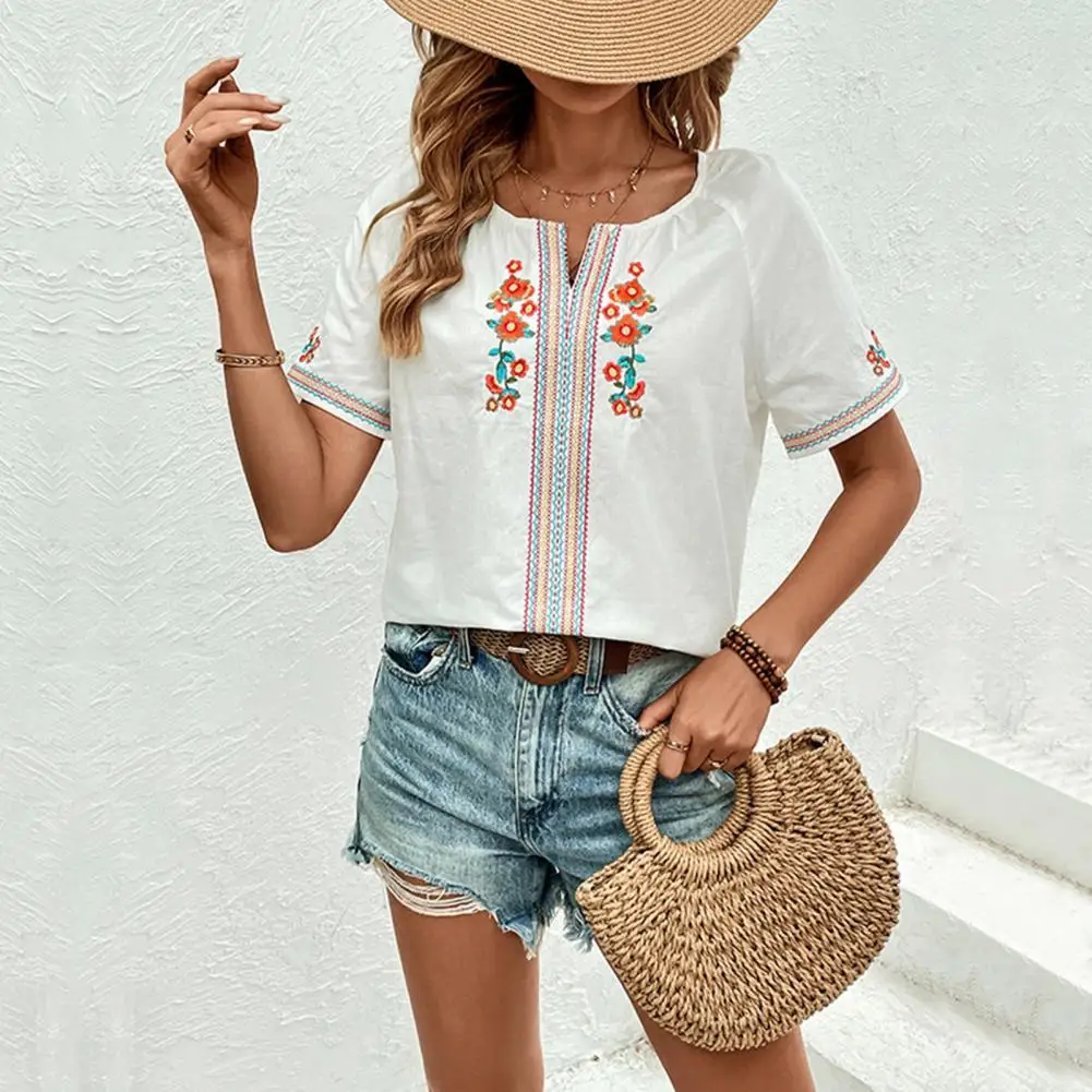 

Women Tops V-neck Short Sleeve Casual Shirt Embroidered Flower Pattern Tee Shirt Summer Loose Fit Tops blusas para mujer