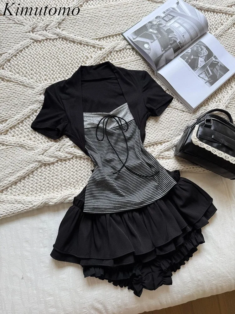 Kimutomo T Shirts Women Square Collar Contrast Color Bow Patchwork Short Sleeve Slim Vintage Tops Y2k Aesthetic Harajuku Tee