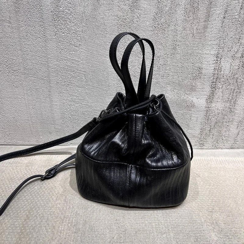 Natural Sheepskin Bucket Crossbody Bags Women Genuine Leather Handbags Female Bag 2022 New Summer Vintage Drawstring Small Bags