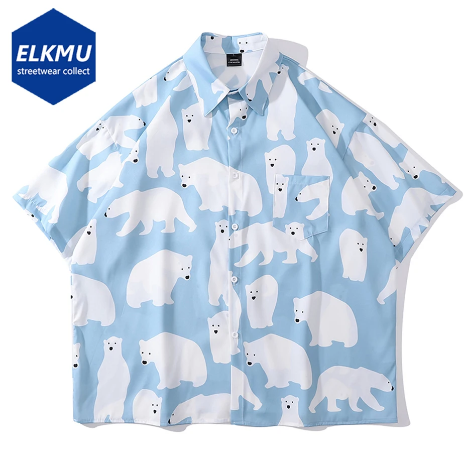 

Polar Bear Shirts Japanese Harajuku Loose Shirts Men Summer Button Up Blouse Casual Oversized Shirts