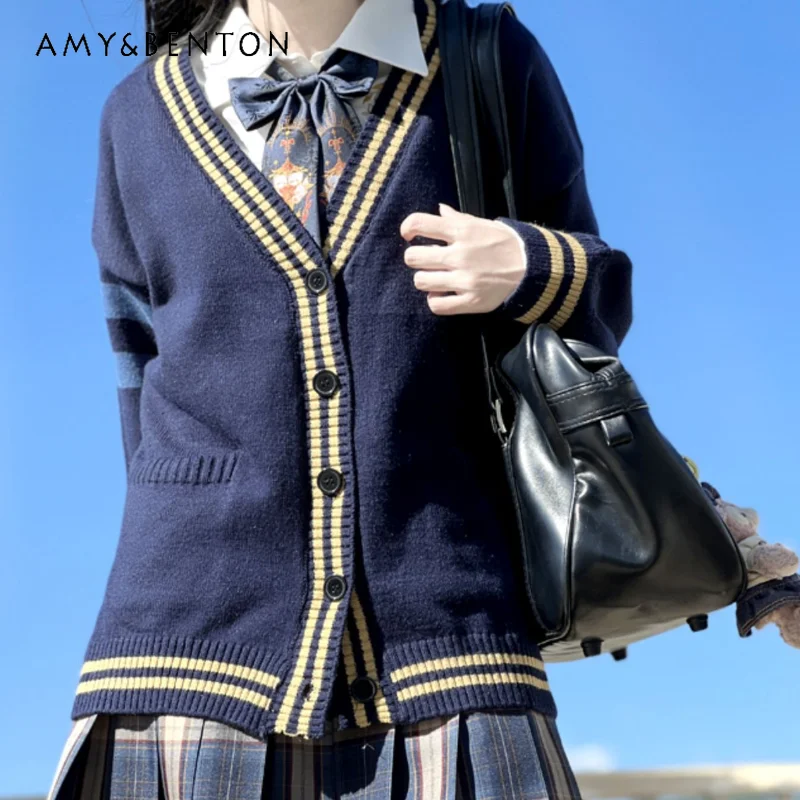 Japanese JK Uniform Original Autumn Winter College Style Slimming Versatile Blue Striped Color Matching Cardigan Sweater Female