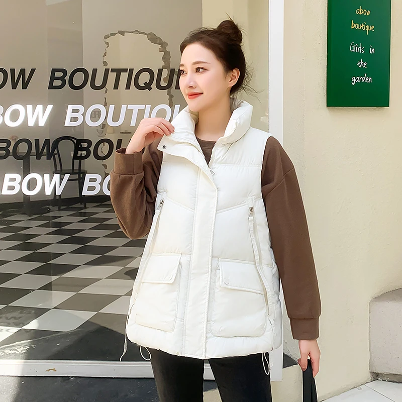 CRRIFLZ Autumn Winter Women's Stand Collar Coat Solid Sleeveless Pocket Jacket For Ladies Zipper Loose Warm Cotton Vest