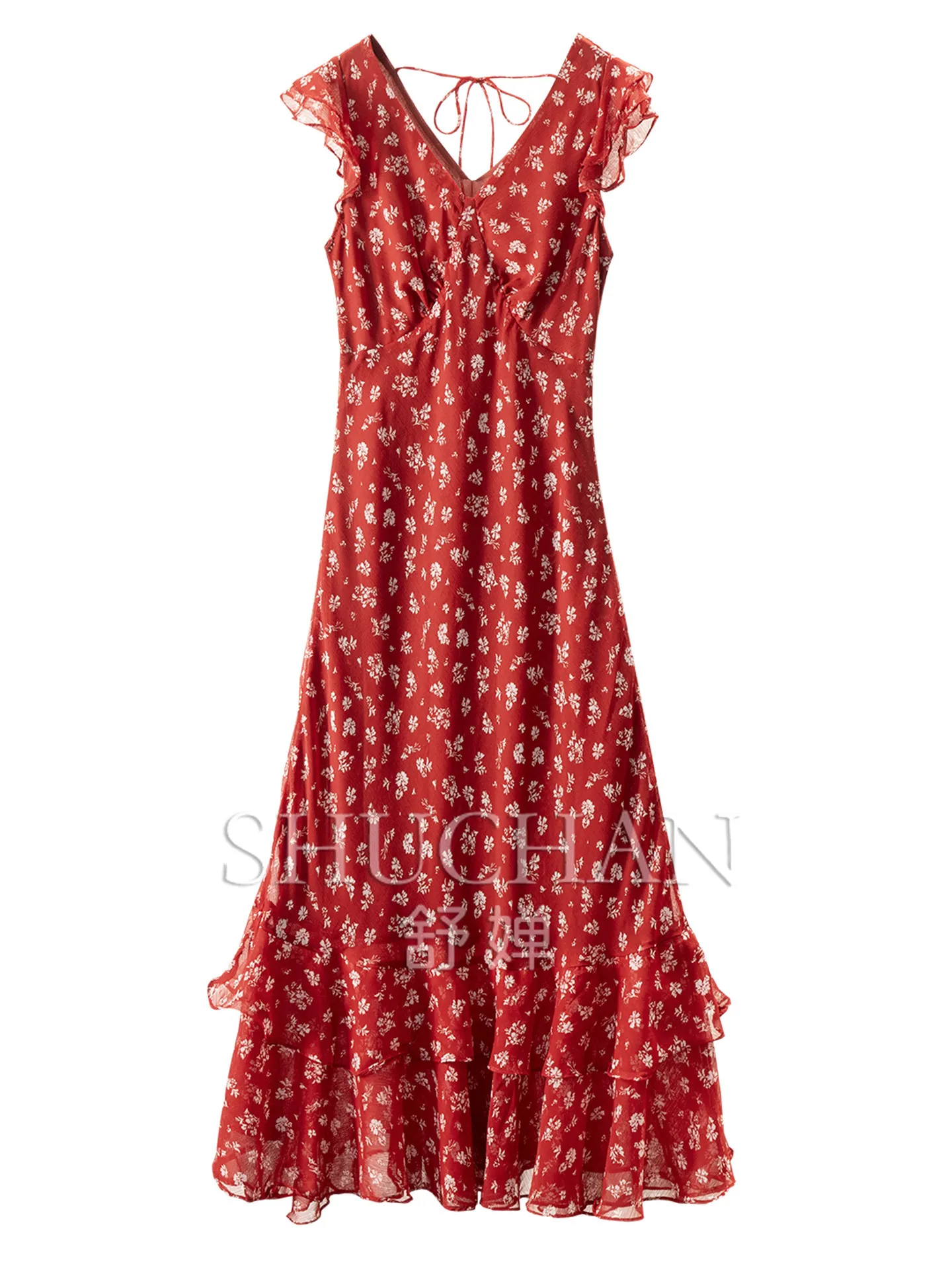 Bright Retro Red Dress Temperament Waist Lotus Leaf Pendulum V-neck Small Flying Sleeve Dress Women 44W3