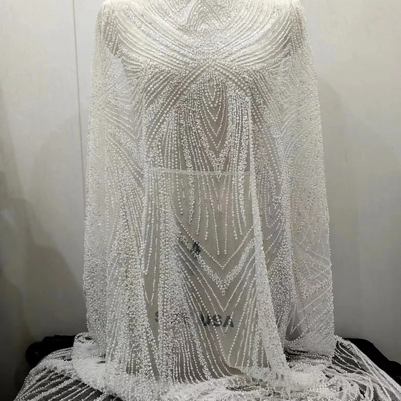 

1yard Sequin French Tulle Lace British Wedding Dress Princess Cloth Luxury Sewing White Beaded Sequin Arc Stripe Lace Fabric