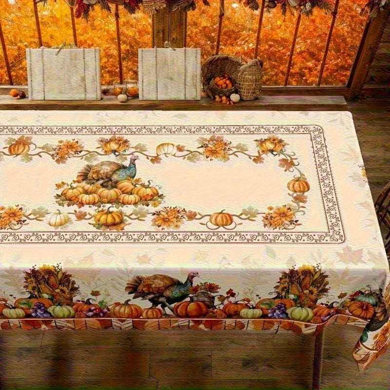2D Printing 1 piece 59X59 inches / 150X150 centimeters Farm shed harvest tablecloth, featuring pumpkins and turkeyszyc