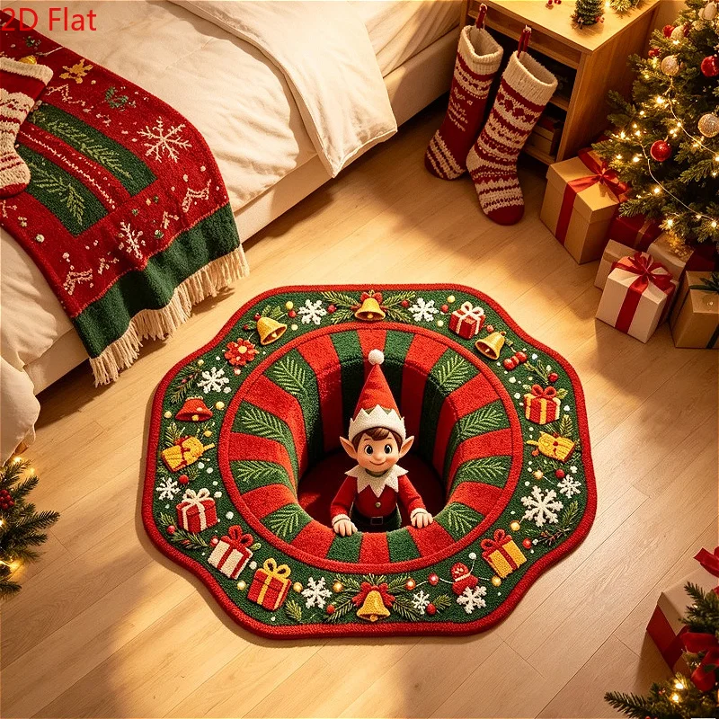 VIKAMA Christmas Elf 3D Illusion Flat Rug Red Green Scalloped Mat Gift Bell Snowflake for Bedroom Indoor Xmas Home Decoration