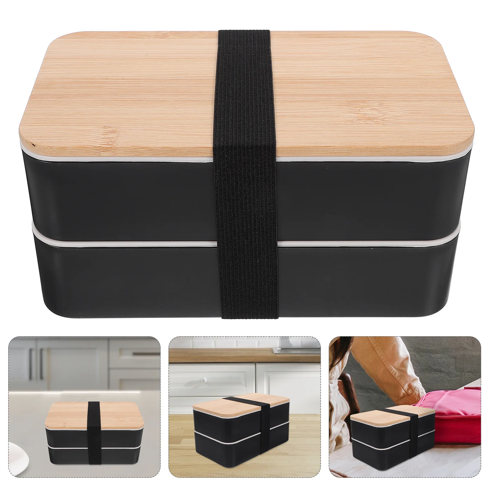 

1 Set 2-Tier 1000Ml Wooden Plastic Bento Lunch Box Leakproof Airtight Container For Adult Women Men Teens Portable Stackable