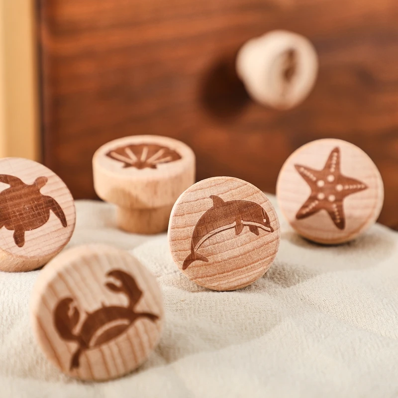 Round Door Wooden Cabinet Knobs The Handles Kitchen Cabinet, Bedside Cabinet Handles  Bohemia Style Vintage/Animal Print Decorat