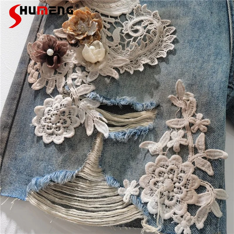 

Women's 2025 Summer New Shorts Lace Splicing Three-dimensional Flower Painted Hole Short Pants Denim Wide-leg Five-point Pants