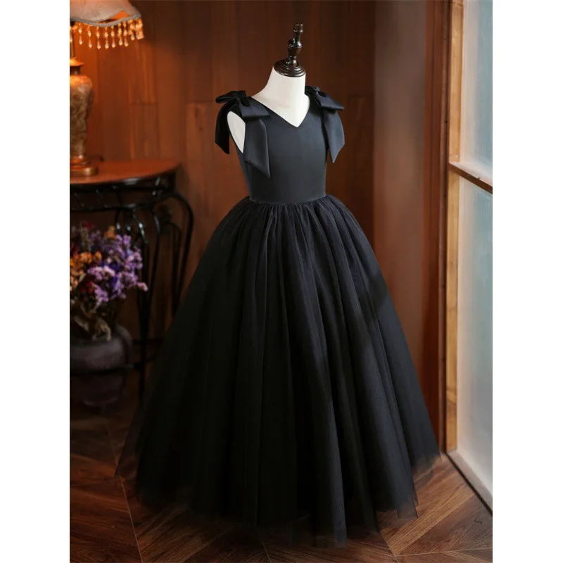 Girls' Formal Dress Big Kids Performance Costume Black Puff Skirt Piano Orchestra Host Competition