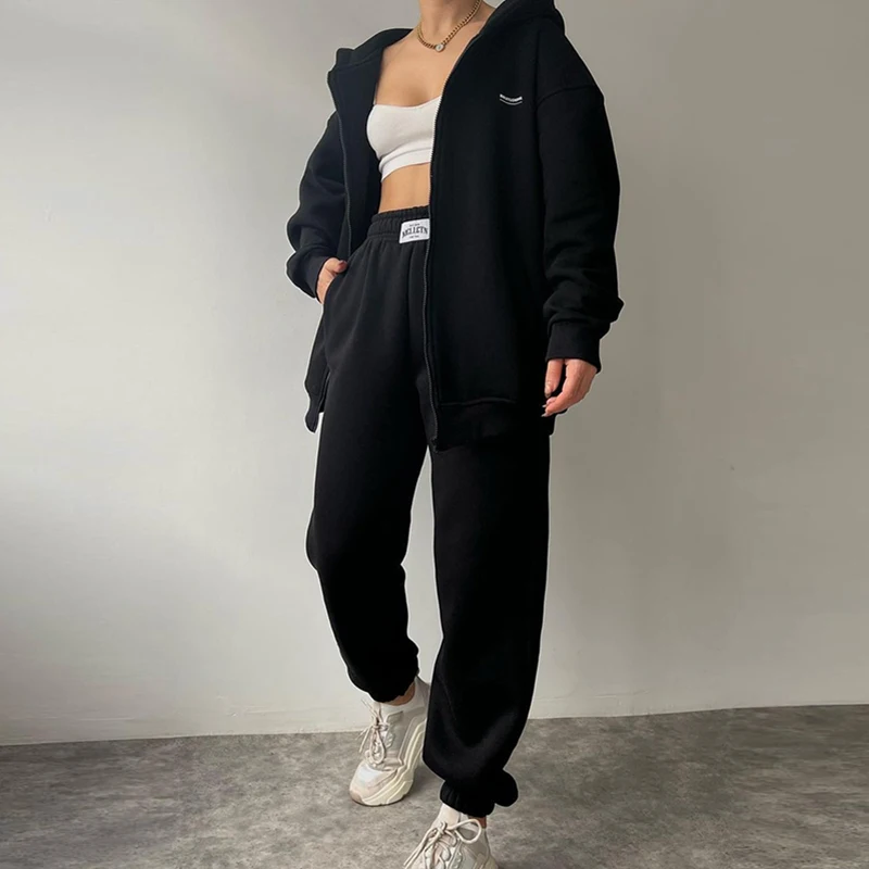 2023 Winter Warm Suit Women Solid Long Sleeve Zipper Outwear Hoodie And Pocket Trousers Two-Piece Set Casual Loose Hooded Sets