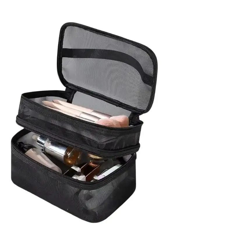 Large Capacity Double Layer Breathable Mesh Travel Makeup Bag Portable Toiletry Organizer For Outdoor Cosmetic Storage