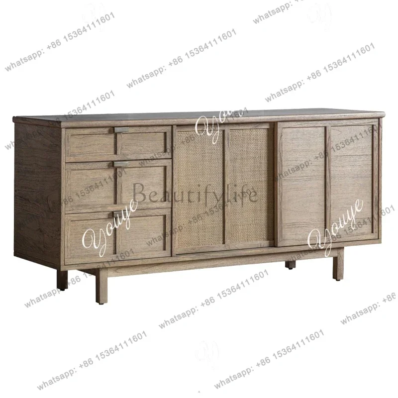 YJ N American country style solid wood woven rattan side cabinet TV cabinet living room storage porch kitchen wall cabinet