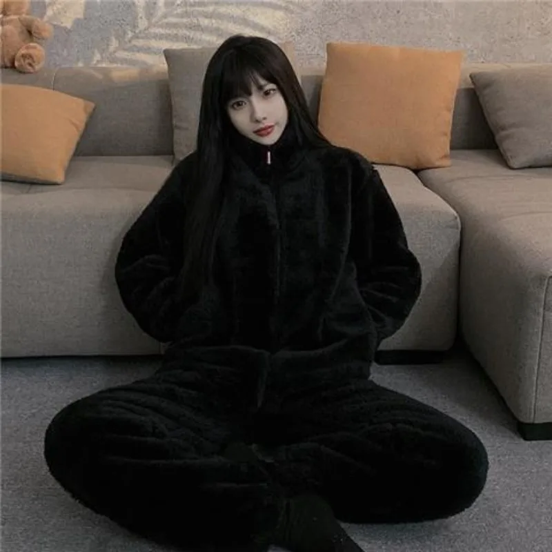 Winter Thicken Pajama Sets Women Simple Cozy Couple Home Flannel Korean Style Casual Sleepwear All-match Soft Lounge Clothing