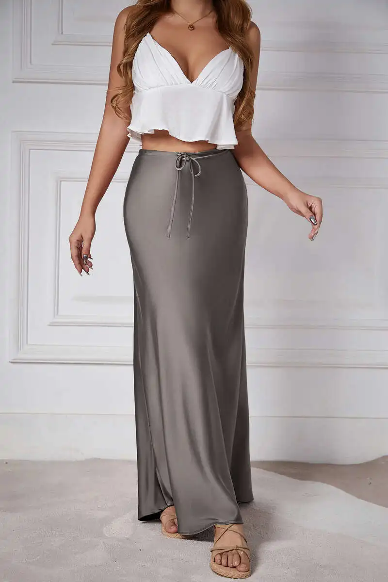 New In 2026 Spring Summer Solid Color Satin Long Skirt For Women High Waist Lace-Up Fashion Elegant Faldas