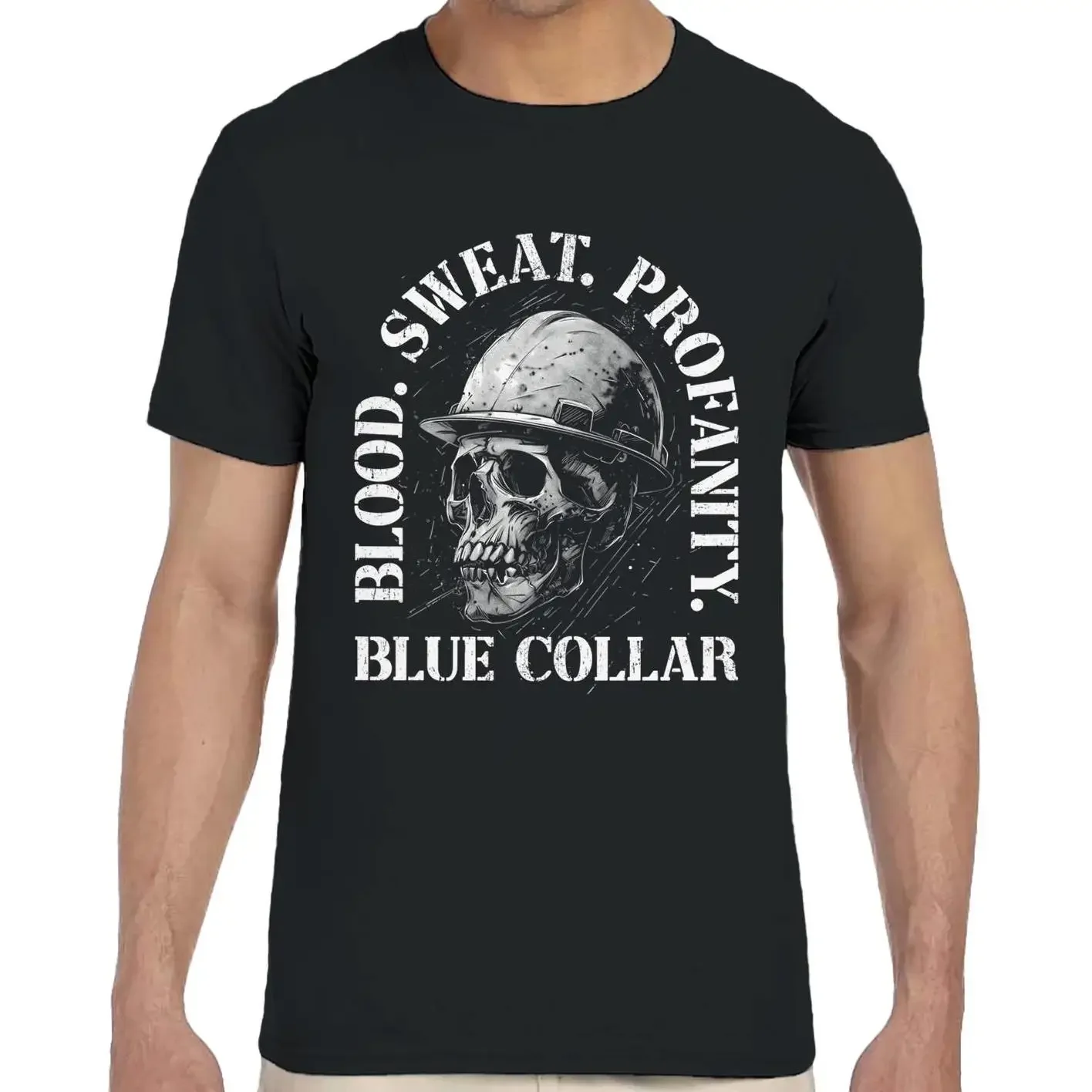 Blue Collar T shirt Blood Sweat Profanity Skull Workman