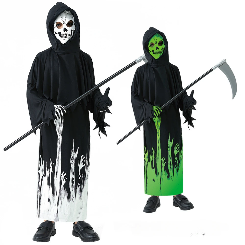 

Halloween Scary Phantom Costume Boys Grim Reaper Scythe Costume Scary Grim Reaper Costume Dark Ghost Glow Robe for Kids Boy