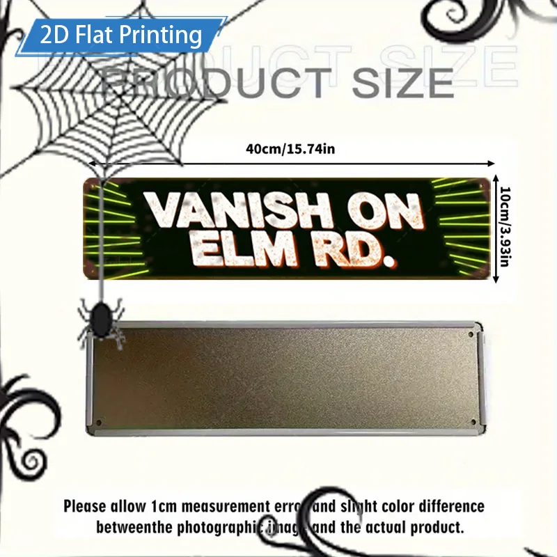 1 قطعة لافتة معدنية، مقاس 4 × 16 بوصة للهالوين "فانيش أون إلم رد". لافتة معدنية مطبوعة مسطحة ثنائية الأبعاد مع ديكور خفافيش اليقطين