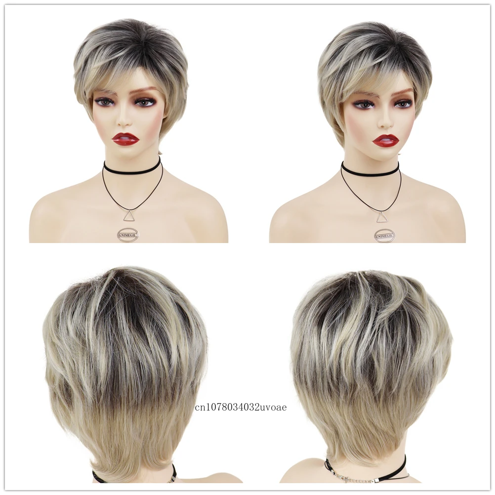 Ombre Blonde Wig with Bangs Synthetic Hair Short Haircuts Mommy Wig Natural Hairstyles Gradient Color Old Lady White Woman Wigs