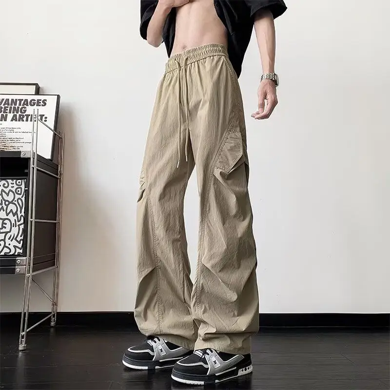 

Men's Khaki Elastic Waist Drawstring Cargo Pants Loose Wide Leg Streetwear Trousers With Multi Pockets