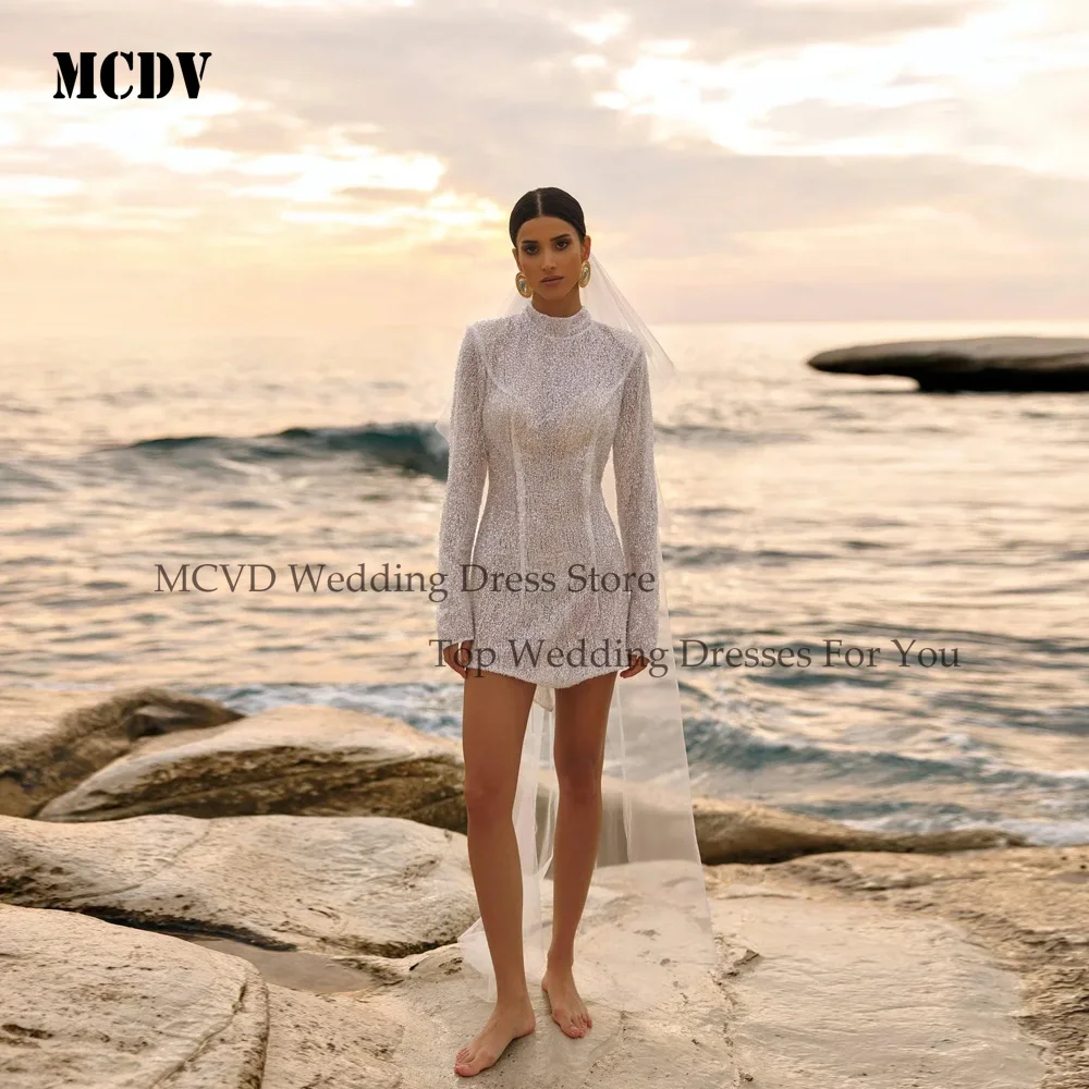

MCDV Beaded Wedding Dresses Long Sleeves High Neck Button Back Bride Party Gowns Customized Mini vestidos de novia Customized