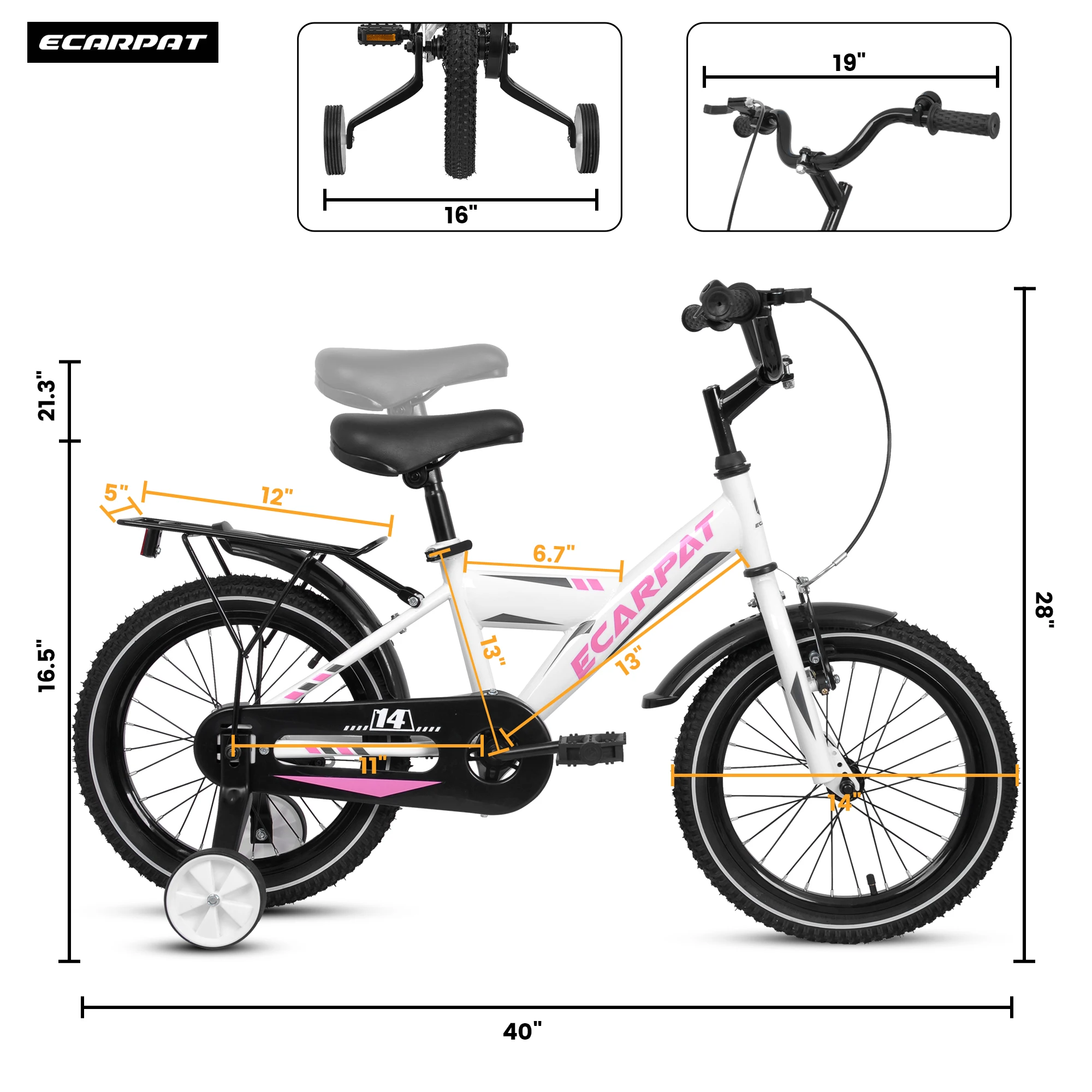 A14115 Kids Bike 14 Inch For Boys & Girls With Training Wheels, Freestyle Kids\' Bicycle With Carrier.