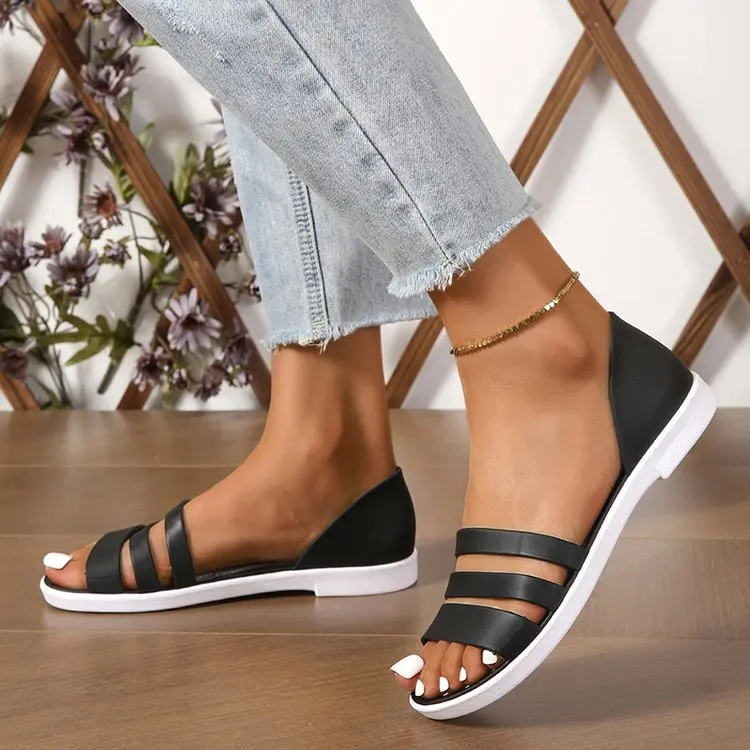 2024 High Quality New Open Toe Square Heel Women\'s Sandals Trend Versatile Casual Outdoor Sandals Solid PU Flat Sandals