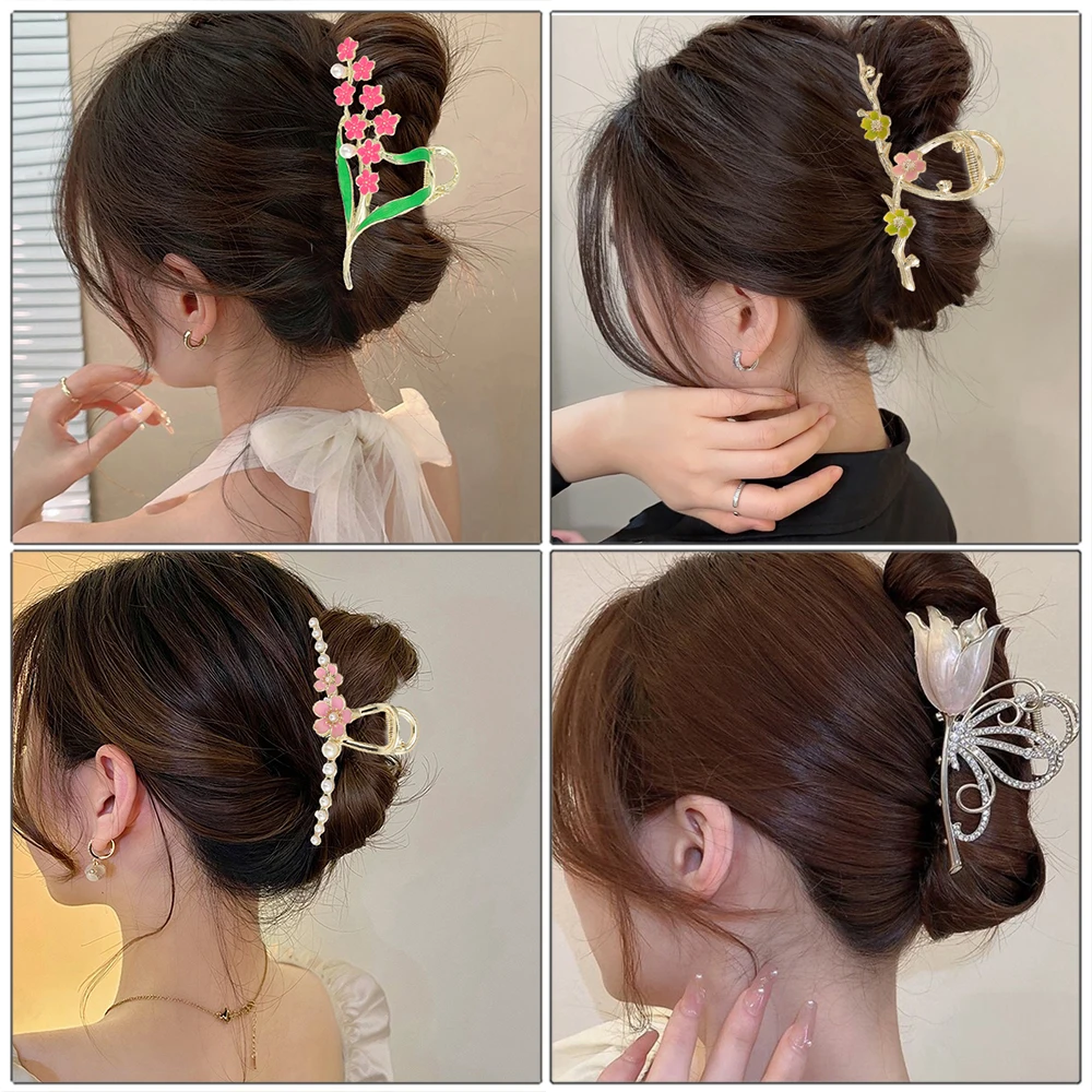 Haimeikang Lacquer Tulip Hair Claw Golden Luxury Headwear Hairpin For Women Sweet Ponytail Crabs Hair Clip Fashion Accessories