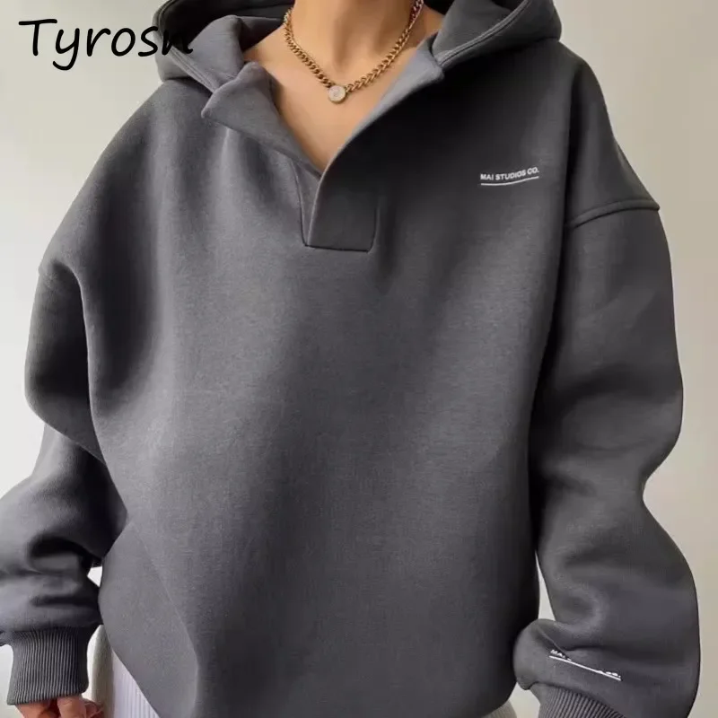 

Hoodies Women New Plus Velvet Printed Long Sleeve Daily Fashion European Style Autumn Versatile V-neck Design Hooded Sweatshirts