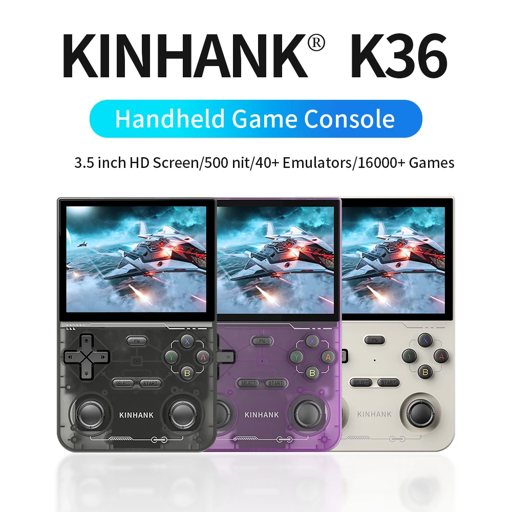 KINHANK 레트로 휴대용 비디오 게임 콘솔 16000 게임 에뮬레이터, 오픈 소스 K36, PS1, PSP, DC, N64, SS용, 500nit, 3.5 인치 IPS 스크린 