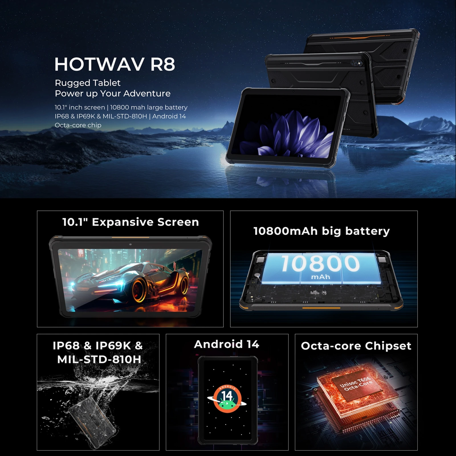 HOTWAV R8 Rugged Tablet PC 10800mAh Battery 10.1'' HD+ Display 4GB 128GB Unisoc T606 Octa Core 13MP Camera 4G Android 14 Pad