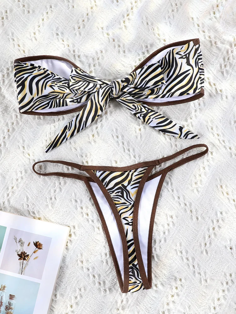 off shoulder Swimwear Zebra bandeau Bikinis Print Swimsuit Women Sexy Bathing Suit Bandage Biquini 2-Piece Beachwear 2024 Summer