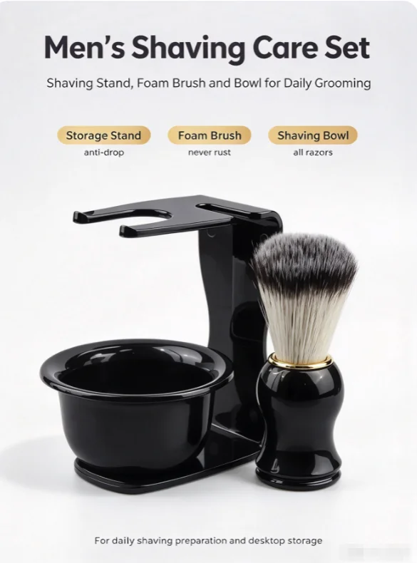 3-in-1 Men's Wet Shaving Kit, Includes Shaving Brush, Soap Bowl and Brush Stand for Beard Grooming