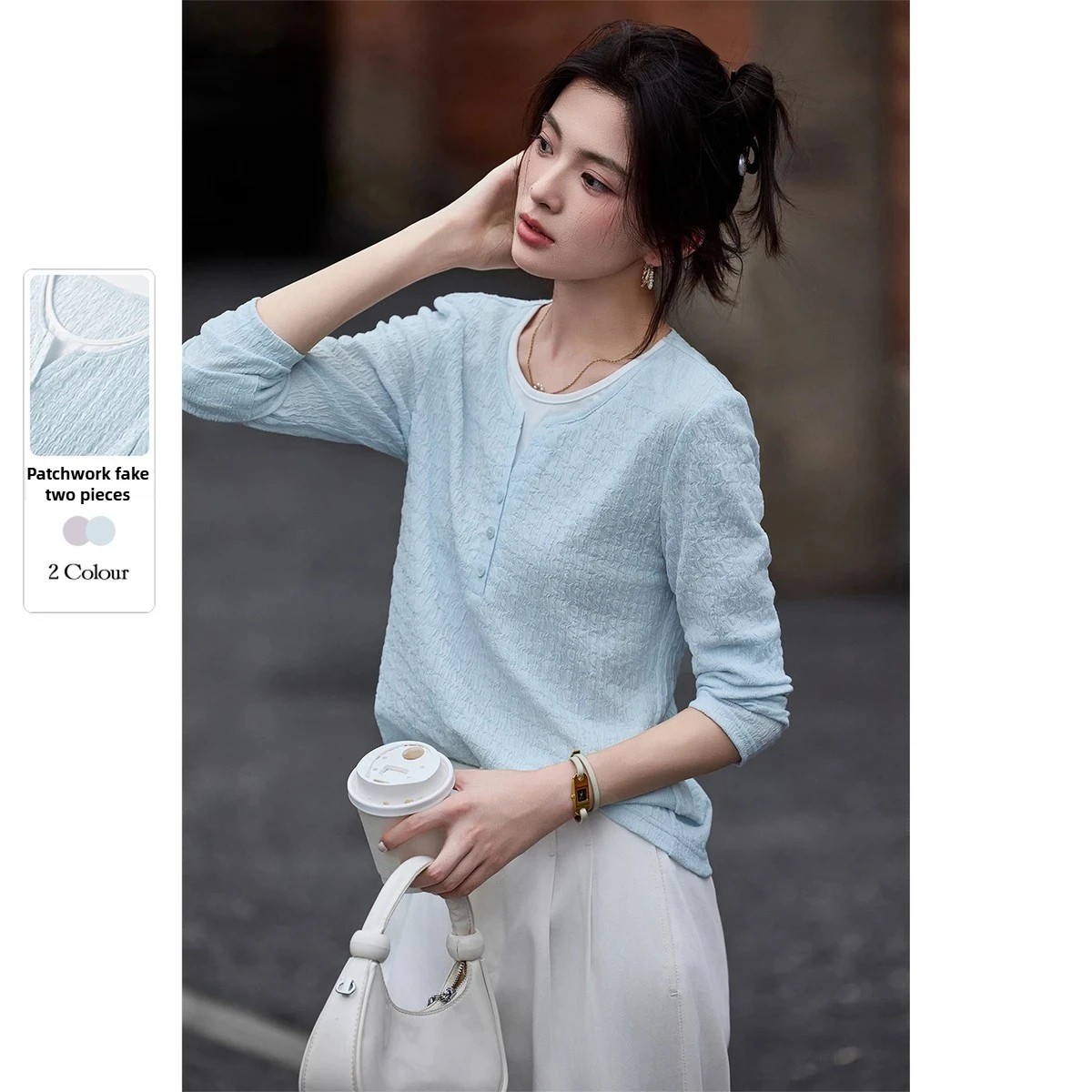 

SENTUBILA Splicing Fake Two-piece T-shirt Women's Autumn Round Neck Long-sleeved Tees Casual False Placket Knitted Top 153TD2493