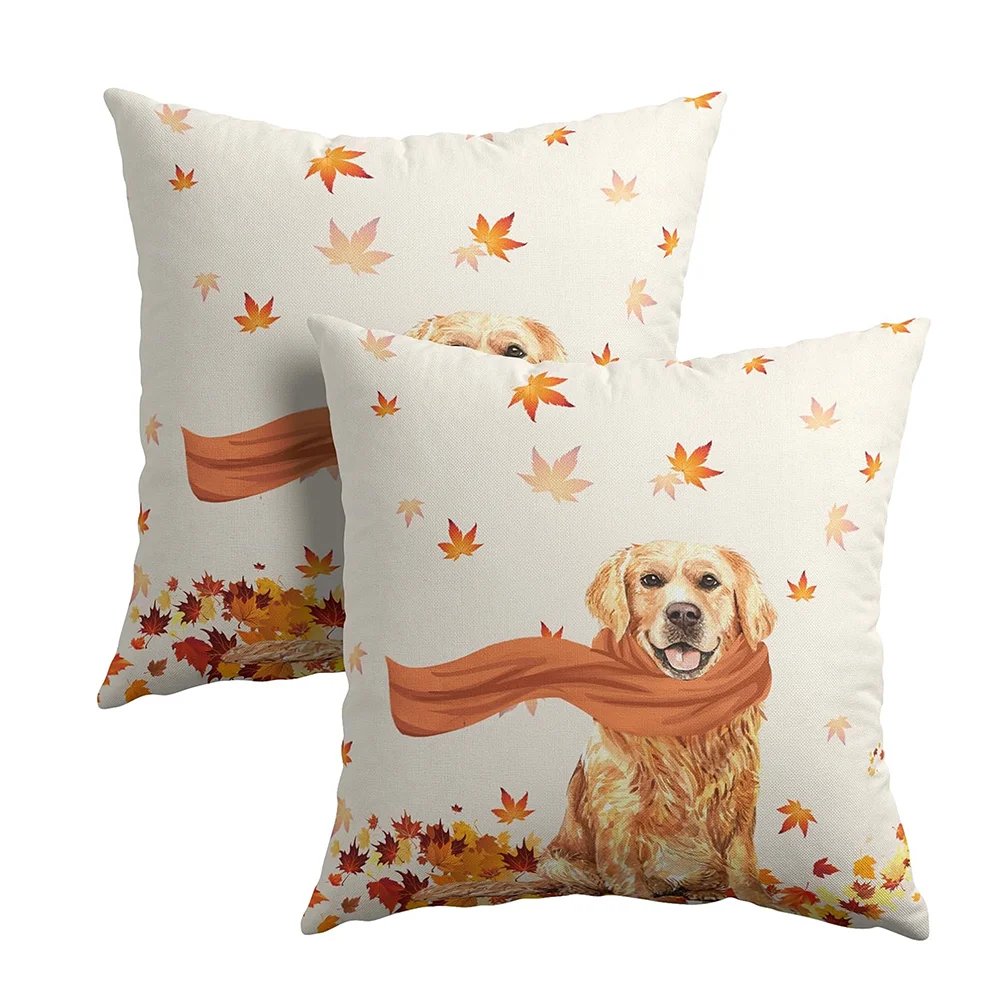 2pcs Fall Golden Retriever Throw Pillow Covers Autumn Maple Leaf Decorative Cushion Cases for Sofa Couch Bed