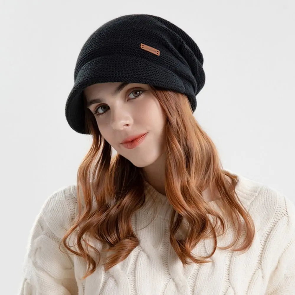 Autumn Winter Soft Plush Knitted Hat Women Girl Warm Thickened Fleece Lined Beanies Short Brim Casual Outdoor Windproof Bonnet