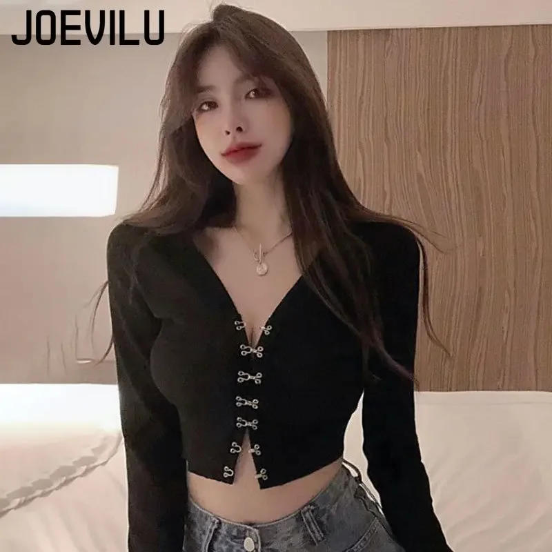 JOEVILU Chic Crop Tops Sexy V-neck Knitted Cardigan Spring and Autumn Long Sleeve T-shirt Women\'s Korean Y2k Top Gothic Clothes