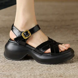women's genuine leather narrow band thick sole platform flats sandals open toe ankle strap casual female punk daily shoes 2024