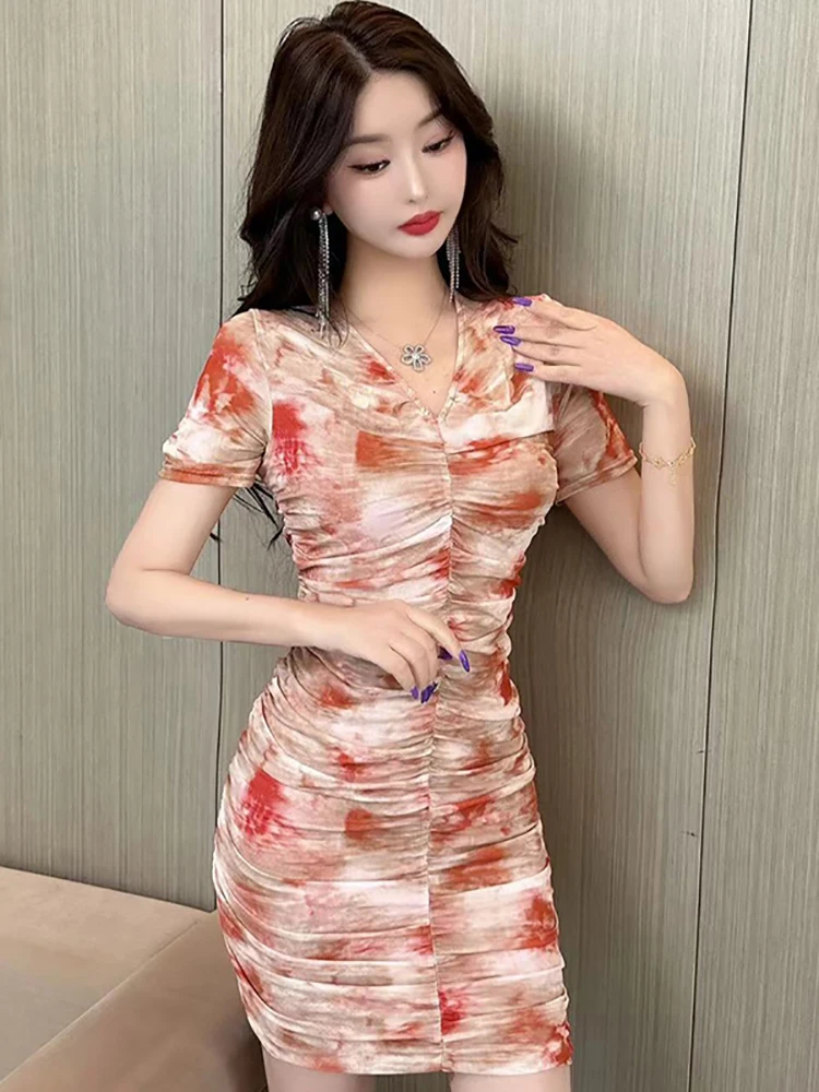 ผู้หญิงสีฟ้าพิมพ์ตาข่ายแขนสั้นVคอชุดฤดูร้อนBodycon Hip Wrapชุดเซ็กซี่ 2025 เกาหลีElegant Casual Mini Dress