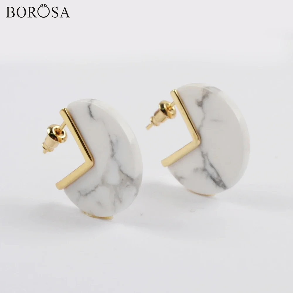 

BOROSA Design 5Pairs Golden Plating Turquoises Stud Earrings White Howlite Slice Earring Jewelry for Women Accessories Wholesale