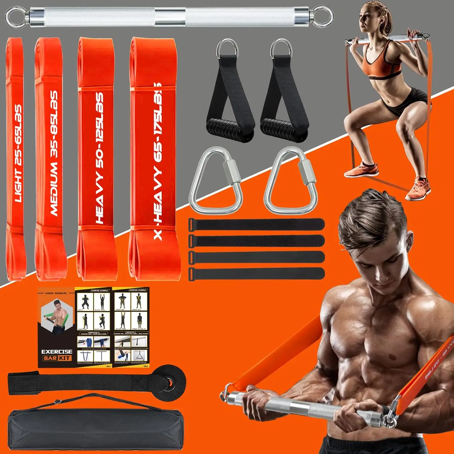 

500LBS Extra Heavy Home Gym Resistance Band Bar Set with 4 Levels Stackable Resistance Bands, Portable Full Body Workout Equipme