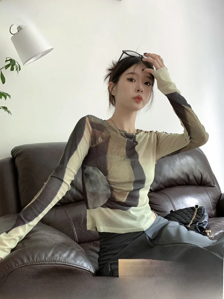 American Dyed Camouflage Long Sleeve T-Shirt Women's Summer New Thin Ice Silk Slim Fit Shoulder Top round Neck Regular Length