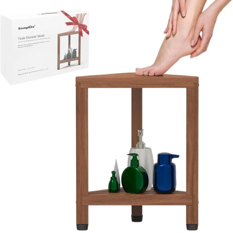 Wooden Shower Stool Teak Bath Seat Waterproof Anti Slip Corner Bench Solid Wood Bathroom Safety Stool