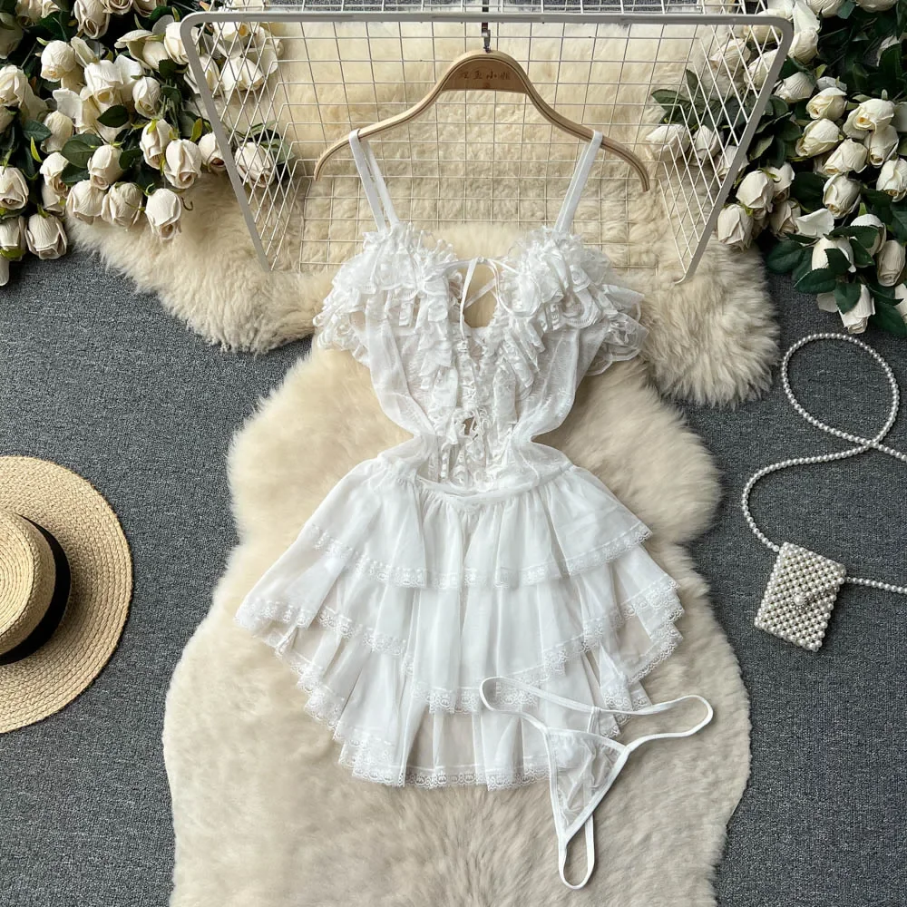 

2024 прозрачное платье с оборками, женское прозрачное платье на бретельках со шнуровкой и открытой спиной, сетчатая сексуальная ночная рубашка + стринги, эротическая ночная рубашка для порно