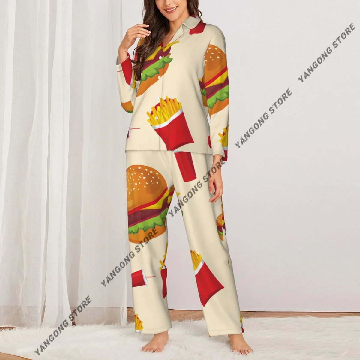 Spring and Autumn Long Sleeve Pants Pajamas Loungewear Set Fries Coca-cola And Hamburger Women's Pull Edge Loose Sleeping Suit