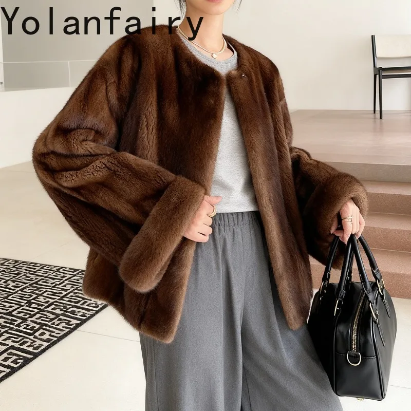 YOLANFAIRY manteau de fourrure naturelle femme de luxe hiver élégant réel entier manteaux de fourrure de vison mode couleur café veste de fourrure vêtements d'extérieur