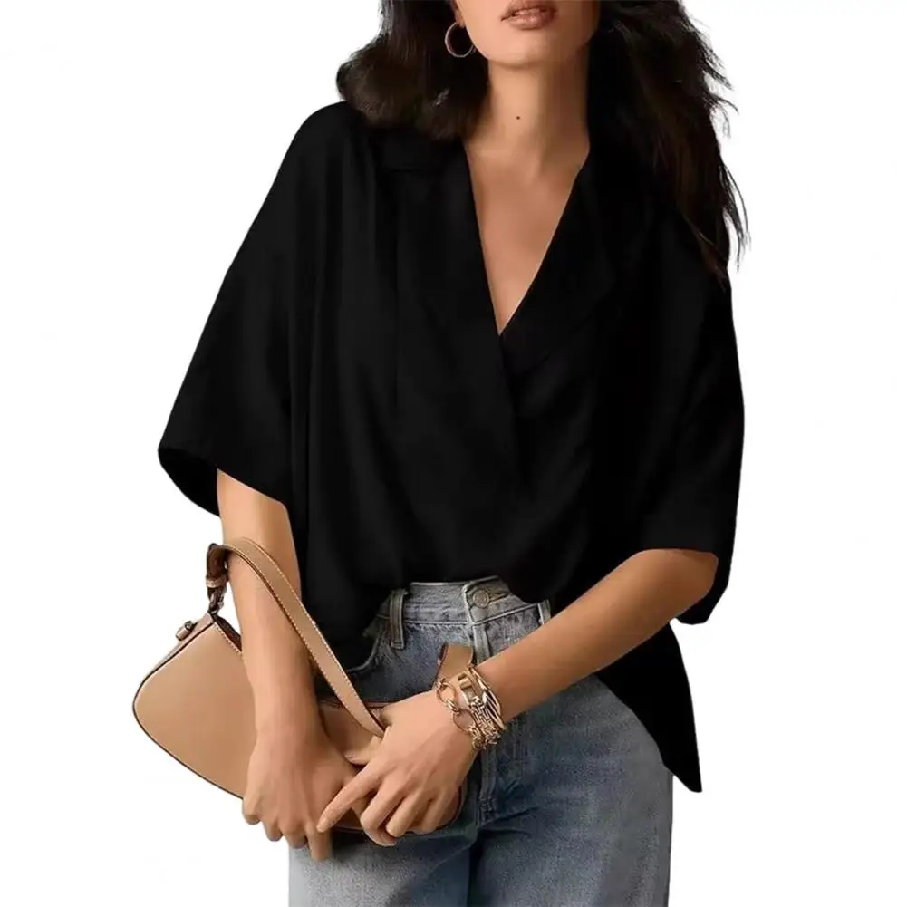 Solid Color Five-quarter Sleeve Shirt Retro Style Women's Loose Fit Lapel Shirt with Half Sleeves in Solid Color for Daily