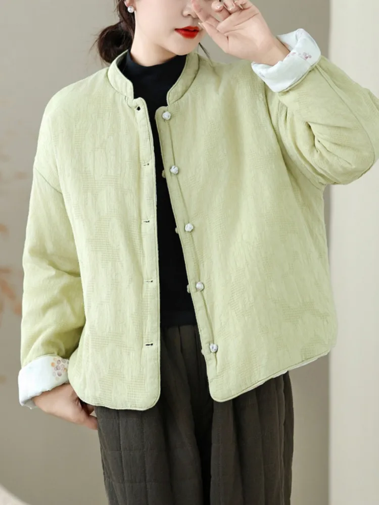 

Retro Chinese Cotton Linen Print Buttoned Jaet Women's Winter Faion Age-Defng Mommy's Cotton Thiened ort Coat